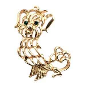 Vintage Pekingese Dog Brooch Gold Tone Rhinestone Eyes Animal Pin